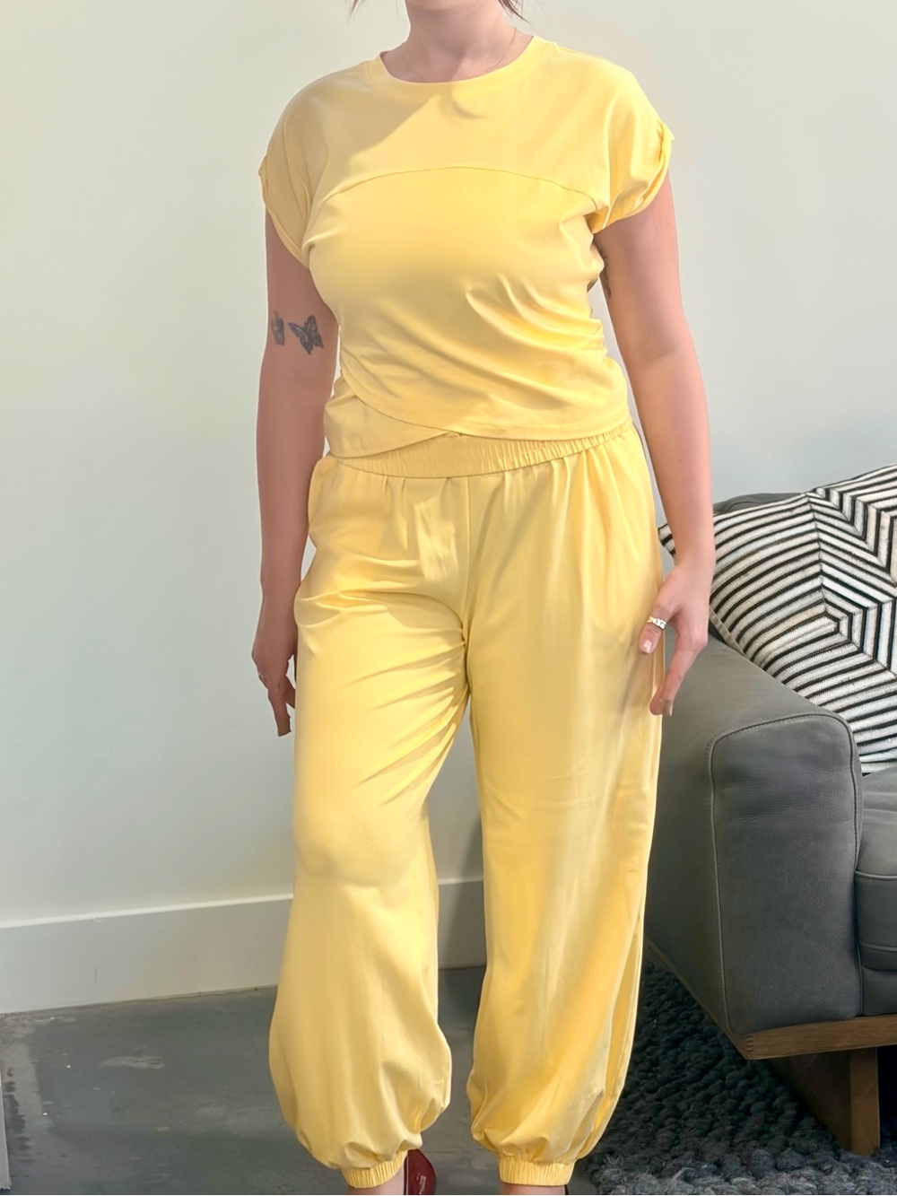 Women's Yellow Jogger Jumpsuit - Casual Elastic Waist & Cuffed Ankles